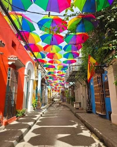 Colorful umbrella street in Getsemani